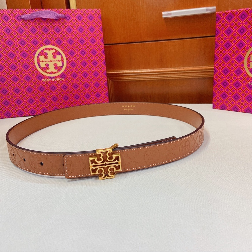 Tory Burch Brown Leather Logo Buckle Belt with Gold Hardware